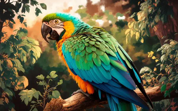 A vibrant macaw perched on a branch, showcasing its stunning blue, green, and orange feathers against a lush, colorful background. 4K Ultra HD desktop wallpaper.