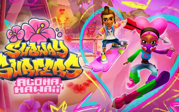 Colorful wallpaper featuring characters from the mobile game Subway Surfers, set against a vibrant Aloha Hawaii backdrop, perfect for gaming enthusiasts.