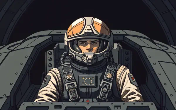 A mech pilot in a detailed cockpit, wearing a helmet with an orange visor, portrays a futuristic atmosphere in this striking 4K Ultra HD desktop wallpaper.