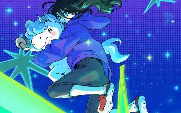 Anime-style 4K Ultra HD desktop wallpaper featuring a character by Natsuko Hirose holding a blue Unio plush, set against a vibrant, starry Zenshu background.