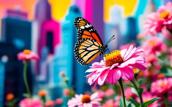 A vibrant butterfly rests on a pink flower in a colorful garden, set against a blurred city backdrop, creating a striking 4K Ultra HD wallpaper for desktops.
