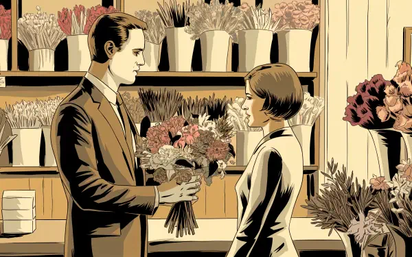 A stylish illustration of a flower shop featuring a man presenting a bouquet to a woman, set against a backdrop of colorful floral arrangements, perfect for a 4K Ultra HD desktop wallpaper.