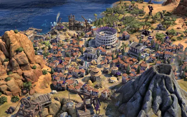 A vibrant 4K Ultra HD wallpaper showcasing a detailed cityscape from Sid Meier's Civilization VII, featuring ancient architecture and a scenic coastal backdrop.