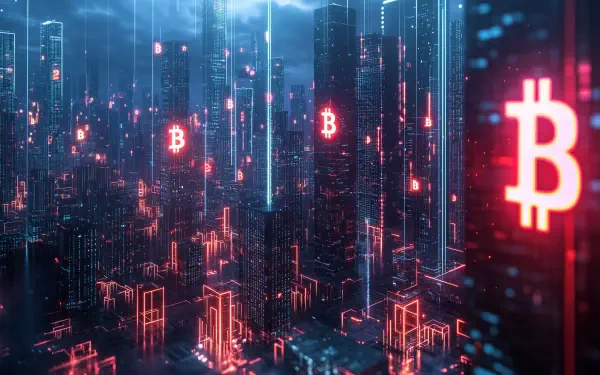 Futuristic cyberpunk cityscape featuring vibrant neon lights and prominent Bitcoin symbols, showcasing a high-tech digital world. Ideal for a striking HD PC desktop wallpaper.