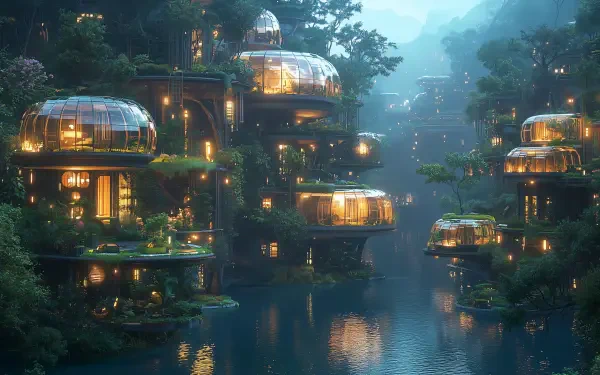 A serene solarpunk floating city rises above a tranquil lake, featuring glowing habitats intertwined with lush greenery, embodying a vision of utopia.