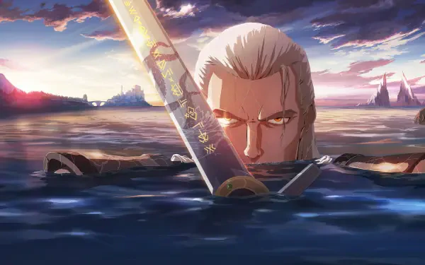 High-definition anime desktop wallpaper featuring Geralt of Rivia from The Witcher: Sirens of the Deep, set against a dramatic ocean backdrop at sunset.