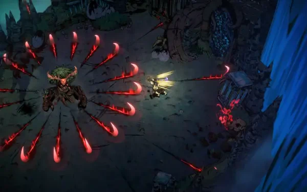 A vivid HD wallpaper featuring a dramatic scene from the video game Sworn, showcasing a character surrounded by menacing red projectiles in an immersive battle environment.