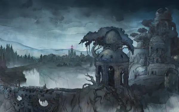 A captivating fantasy landscape from the video game Avowed, featuring dark ruins, a serene body of water, and a mysterious atmosphere, perfect as an HD PC desktop wallpaper.