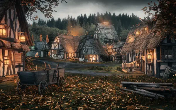 A serene medieval village with thatched-roof cottages illuminated by warm lights, set against a backdrop of trees, captured in stunning 4K Ultra HD detail.