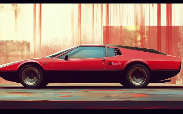 A striking retro 80s car in bold red, showcased against an abstract colorful background, designed as a 4K Ultra HD PC desktop wallpaper.