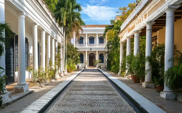 A stunning view of colonial architecture featuring a cobblestone pathway flanked by grand columns, lush greenery, and a bright blue sky, captured in 4K Ultra HD quality.