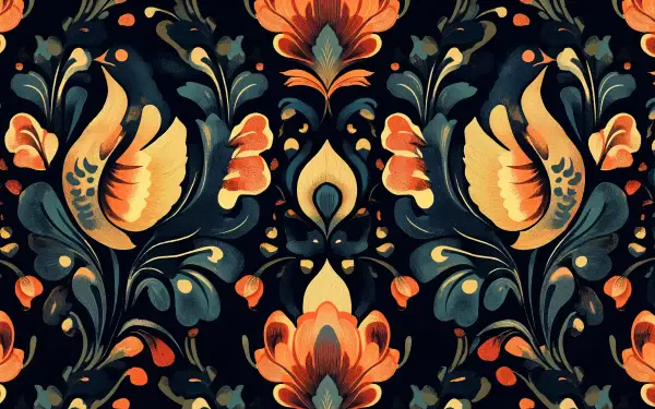 A vintage pattern featuring vibrant florals and intricate designs, showcasing rich colors against a dark backdrop, suitable for a 4K Ultra HD PC desktop wallpaper and background.