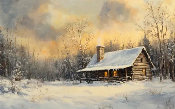 A cozy winter cabin sits amid a snow-covered landscape, with warm light glowing from its windows against a backdrop of a dramatic sky, captured in vibrant 4K Ultra HD.