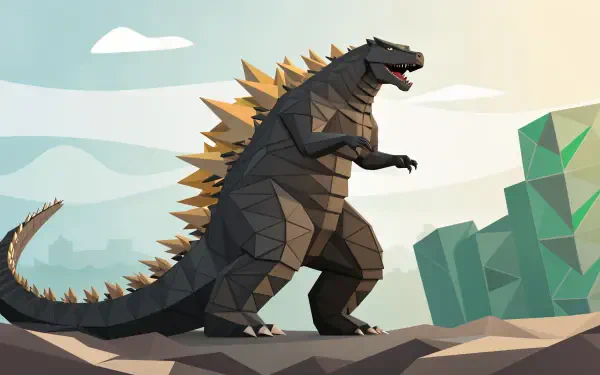 A stylized illustration of Godzilla in a geometric design stands on rocky terrain, surrounded by angular formations, set against a colorful sky. Ideal as a 4K Ultra HD desktop wallpaper.