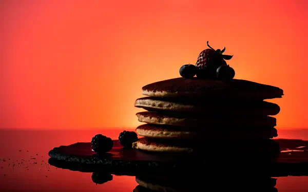 A stack of pancakes topped with berries, set against a vibrant orange background, creates a striking 4K Ultra HD desktop wallpaper and background.