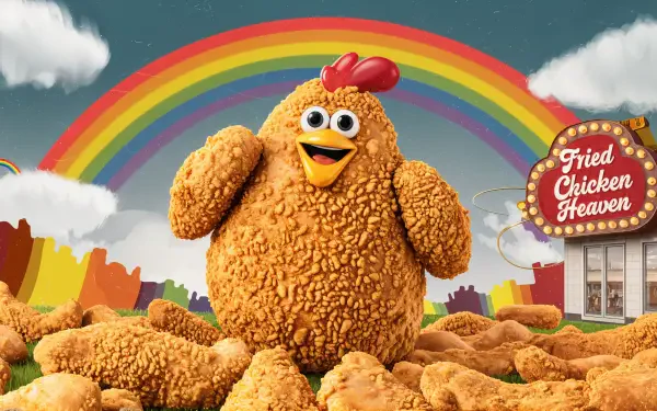 A vibrant 4K Ultra HD wallpaper featuring a cheerful cartoon chicken surrounded by crispy fried chicken pieces with a colorful rainbow in the background, celebrating Fried Chicken Heaven.