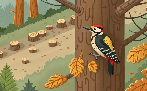 A vibrant woodpecker perched on a tree trunk, surrounded by autumn leaves, with a background of cut tree stumps and a serene forest scene, captured in stunning 4K Ultra HD.