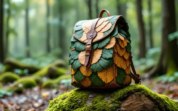 A beautifully designed backpack made of green and brown leaf patterns rests on a moss-covered rock in a serene forest setting, captured in stunning 4K Ultra HD quality.