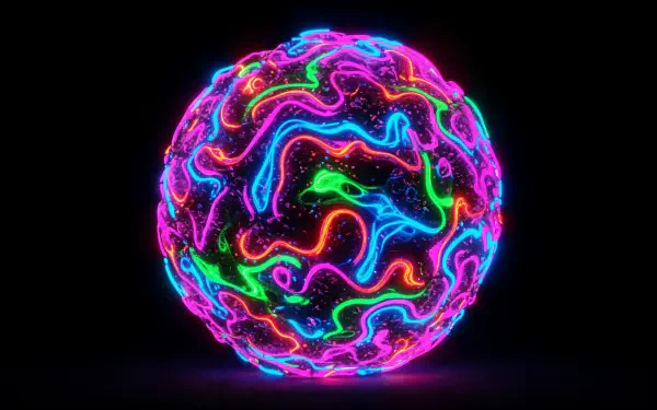 A vibrant 4K Ultra HD desktop wallpaper featuring a swirling, colorful sphere illuminated with neon pink, green, and blue lines against a dark background.