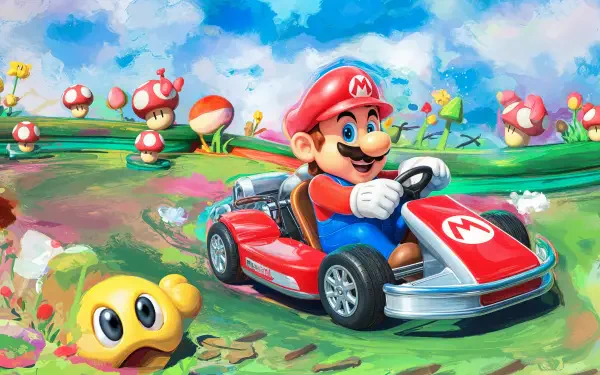A vibrant 4K Ultra HD wallpaper featuring Mario racing in his go-kart, surrounded by colorful mushrooms and a cheerful landscape from the Mario Kart universe.