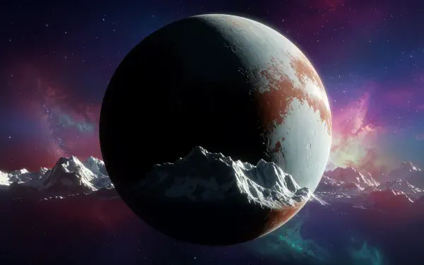 A stunning 4K Ultra HD image of Pluto, featuring its rugged surface and a cosmic backdrop filled with vibrant colors and distant stars, perfect for a desktop wallpaper.