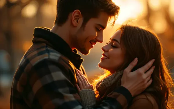 A tender moment captures a couple cuddling closely, radiating warmth against a sunset backdrop. A beautiful 4K Ultra HD wallpaper and background.