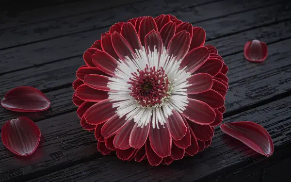 A vibrant red flower with white accents sits on a dark wooden surface, surrounded by delicate petals. This striking image serves as a 4K Ultra HD PC desktop wallpaper.