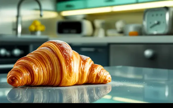 A beautifully baked croissant rests on a kitchen counter, showcasing its flaky layers and golden hue. This image serves as a vibrant 4K Ultra HD PC desktop wallpaper.