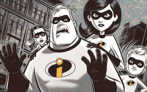 A vibrant 4K Ultra HD wallpaper featuring the superhero family from The Incredibles, showcasing their iconic costumes and dynamic expressions against an urban backdrop.