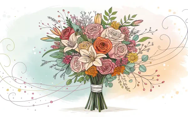 A beautifully illustrated wedding bouquet featuring roses, lilies, and vibrant greenery, set against a soft, watercolor background, ideal for a 4K Ultra HD desktop wallpaper.