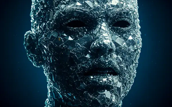 A striking 4K Ultra HD wallpaper featuring a fragmented, crystalline face conveying intense anger, with deep dark eyes that evoke strong emotions against a muted background.