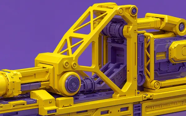 A vibrant industrial design featuring intricate yellow machinery set against a purple background, showcased as a 4K Ultra HD PC desktop wallpaper and background.