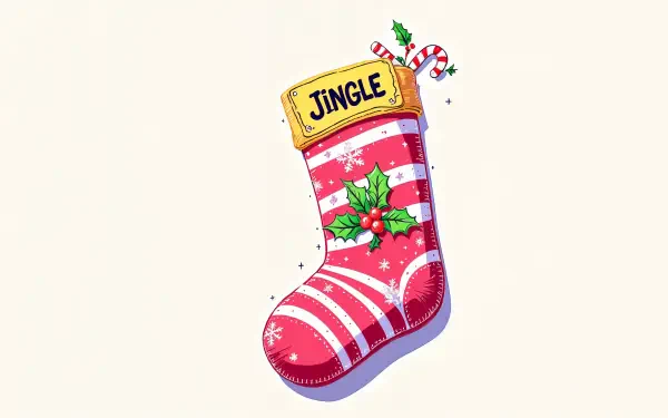A vibrant Christmas stocking adorned with holly and candy canes, featuring a JINGLE label, set against a light background. Ideal as a 4K Ultra HD desktop wallpaper.