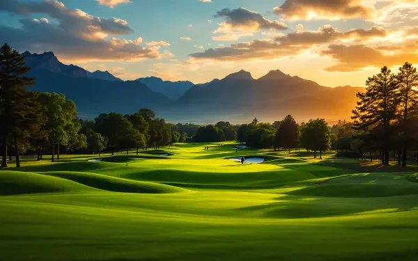 A stunning golf course at sunset, featuring lush green fairways, serene water features, and majestic mountains in the background, captured in vibrant 4K Ultra HD quality.