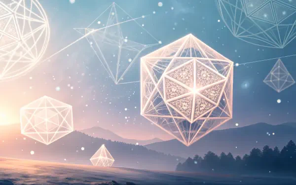 Translucent geometric shapes float above a serene landscape, illuminated by a soft sunrise in this captivating 4K Ultra HD PC desktop wallpaper.