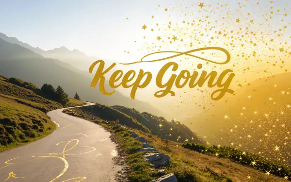 A serene mountain landscape with a winding road under a warm golden sky, featuring the text Keep Going in elegant script, perfect for a 4K Ultra HD desktop wallpaper.