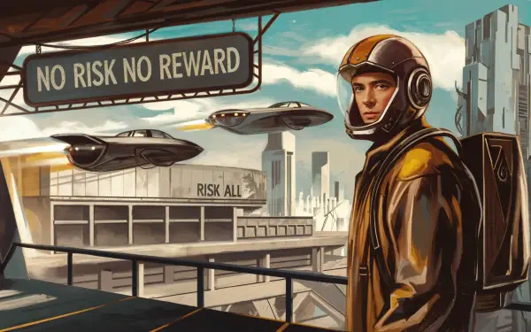 A futuristic scene featuring a character in a helmet standing in a high-tech environment, with the phrase No Risk No Reward prominently displayed above, set as a 4K Ultra HD wallpaper.