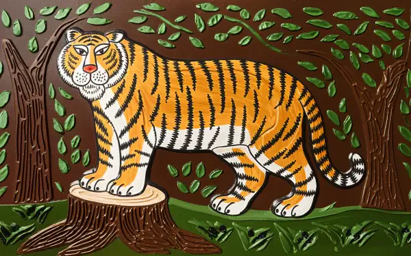 A vibrant illustration of a Siberian tiger standing on a tree stump, surrounded by lush greenery, designed as a 4K Ultra HD PC desktop wallpaper and background.