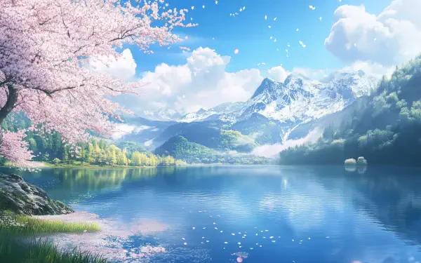 HD illustrated spring landscape featuring blooming cherry blossoms by a serene lake with snow-capped mountains under a bright blue sky, designed as a PC desktop wallpaper.