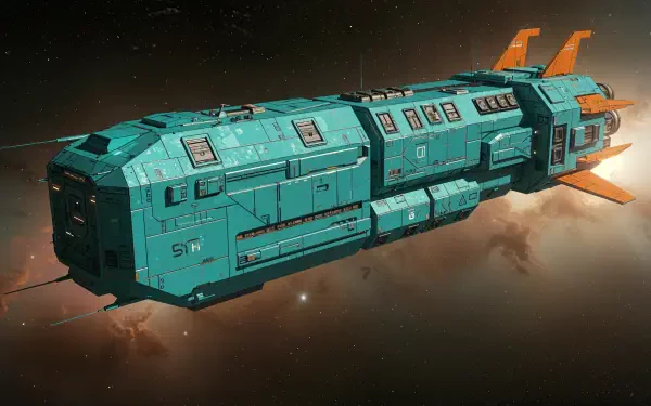 A futuristic cargo spaceship in vibrant teal with orange accents, set against a starry backdrop, showcased in stunning 4K Ultra HD quality for a striking desktop wallpaper.