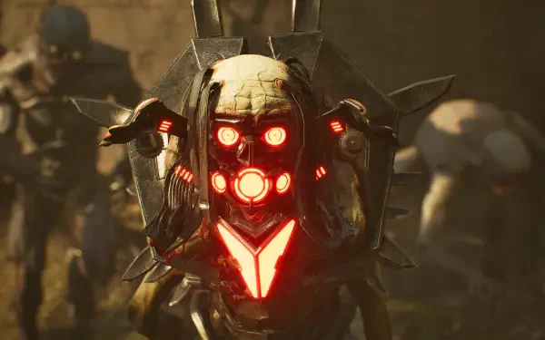 A striking 4K Ultra HD wallpaper from Killing Floor 3, featuring a menacing character with glowing red accents and a spiked design, set against a dystopian backdrop.