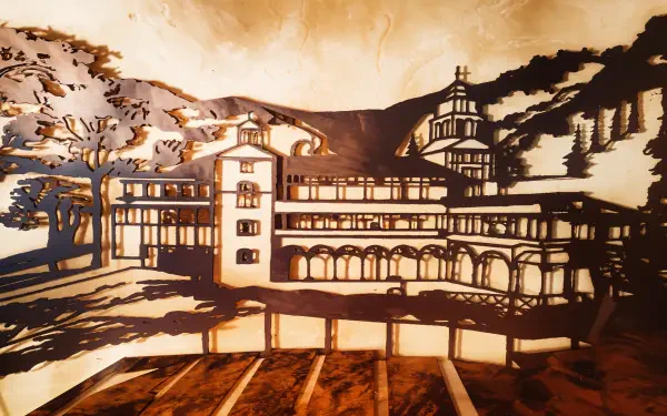 A beautifully crafted illustration of a monastery, featuring intricate architectural details set against a serene landscape, presented in vibrant 4K Ultra HD quality.