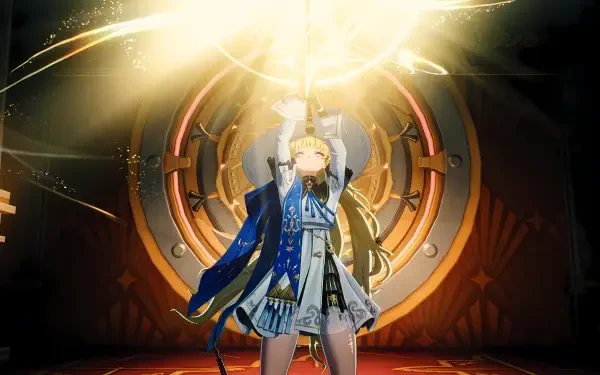 HD wallpaper featuring Phoebe from the video game Wuthering Waves, wielding a glowing staff against a dramatic background, showcasing vibrant colors and dynamic energy.