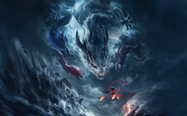 4K Ultra HD desktop wallpaper from the movie Ne Zha 2, featuring dramatic clouds and mythical creatures swirling in a dynamic, colorful composition.