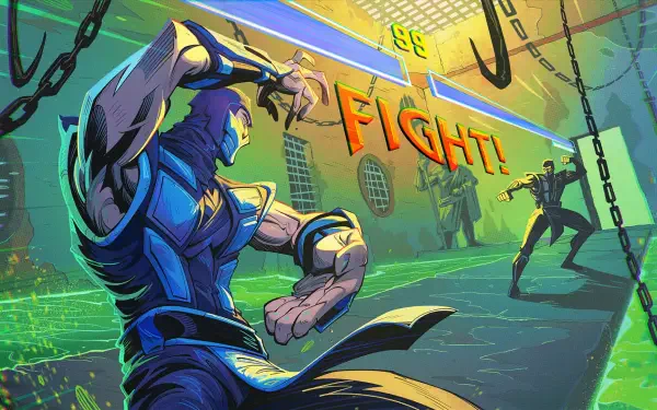 HD PC desktop wallpaper featuring Sub-Zero from Mortal Kombat in a dynamic Fortnite-style fight scene with vibrant colors and action-packed design.