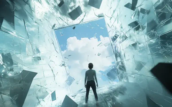 A woman stands amid shattered glass, looking up at a bright, open sky, symbolizing the breaking of the glass ceiling. This dynamic image serves as a striking 4K Ultra HD desktop wallpaper.