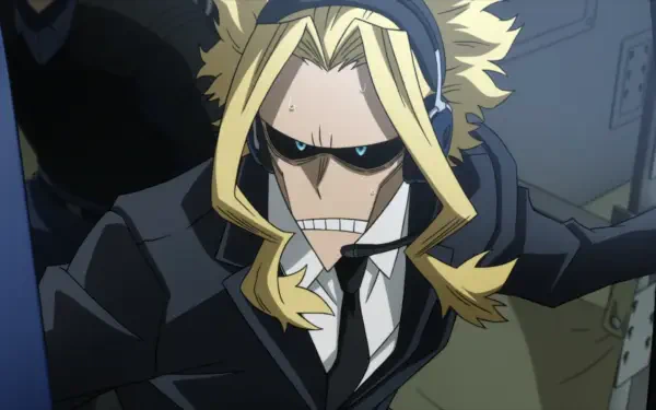 HD PC desktop wallpaper of All Might from My Hero Academia: You're Next — black suit, intense glare, clenched teeth, dynamic close-up.