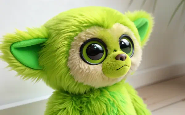 A vibrant green stuffed animal with large, expressive eyes, showcasing its playful and cuddly features in a 4K Ultra HD desktop wallpaper background.