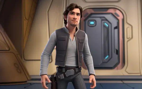 A stylized 4K Ultra HD wallpaper featuring Han Solo standing confidently in a futuristic setting, showcasing his iconic outfit and adventurous spirit.