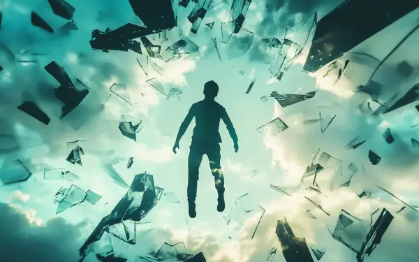 A dramatic 4K Ultra HD wallpaper depicting a figure breaking through a shattered glass ceiling, symbolizing liberation and achievement amidst a vibrant sky.